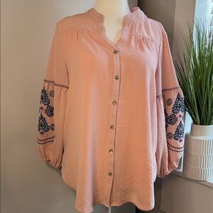 Anthropology Fig and Flower Peach Blouse with Navy Embroidery/ Large 3/4 Sleeve